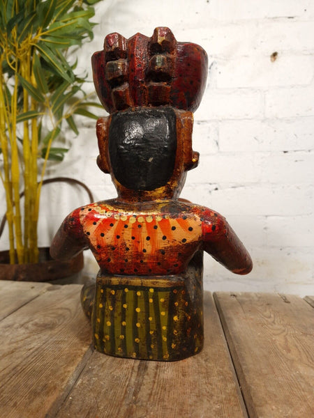 Old Vintage Indian Polychrome Hand Carved Wooden Musician Statue Sculpture