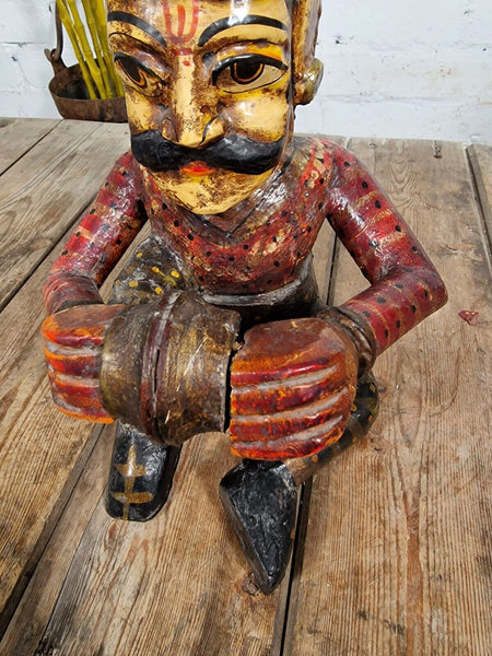 Old Vintage Indian Polychrome Hand Carved Wooden Musician Statue Sculpture