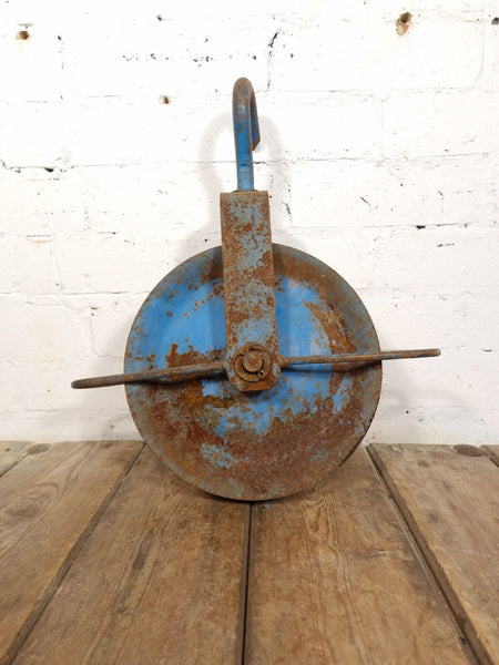 Vintage French Blue Industrial Rope Pulley Hook