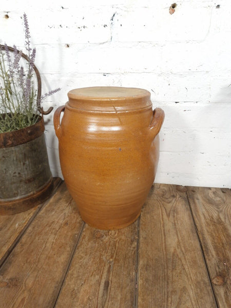 Large Antique French Stoneware Glazed Confit Pot with Lid