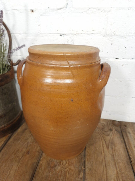 Large Antique French Stoneware Glazed Confit Pot with Lid