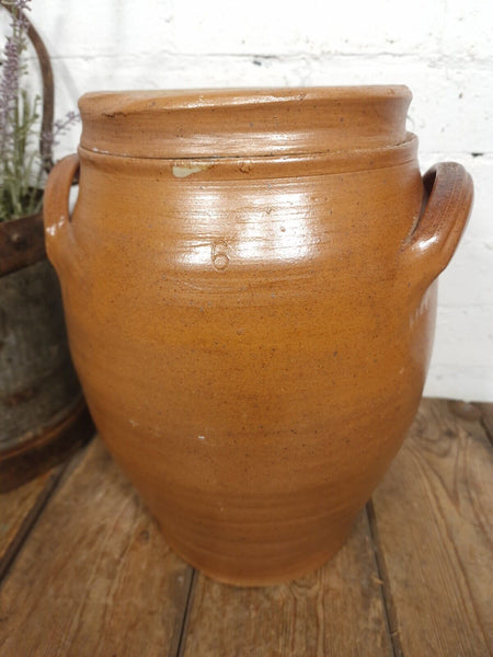 Large Antique French Stoneware Glazed Confit Pot with Lid