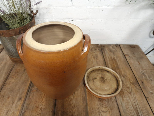 Large Antique French Stoneware Glazed Confit Pot with Lid