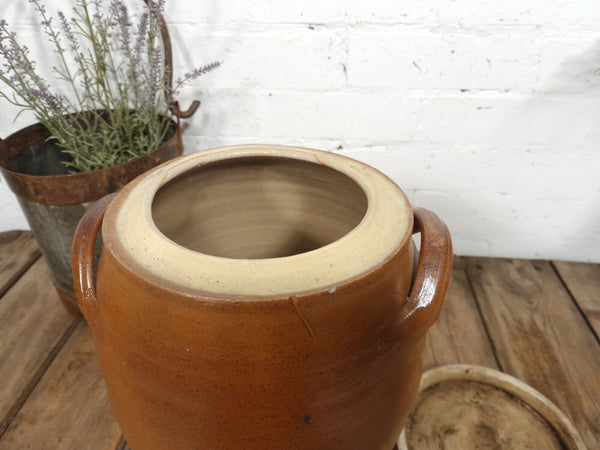 Large Antique French Stoneware Glazed Confit Pot with Lid