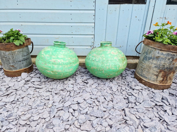 Authentic Indian Green Rustic Hand Made Riveted Water Pot