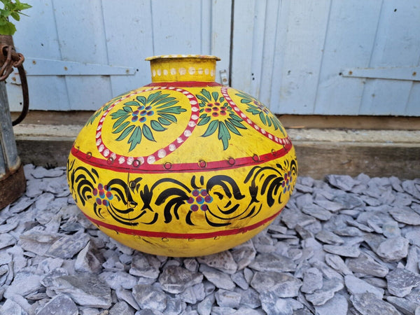 Vintage Large Indian Metal Hand Painted Riveted Water Bowl Pot Vase