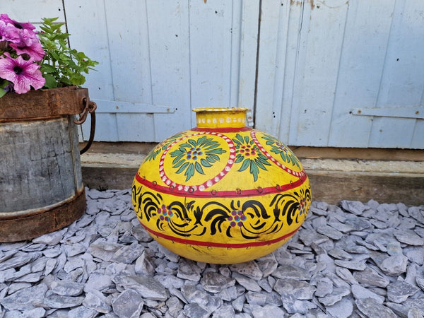 Vintage Large Indian Metal Hand Painted Riveted Water Bowl Pot Vase