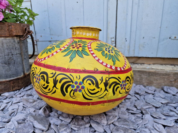 Vintage Large Indian Metal Hand Painted Riveted Water Bowl Pot Vase