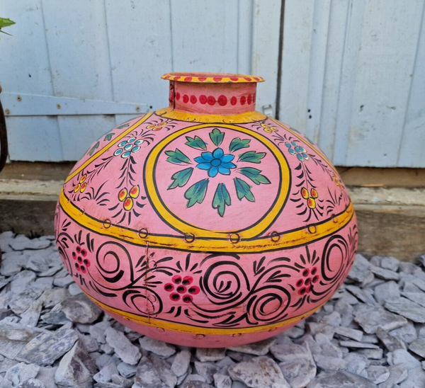 Vintage Large Indian Metal Hand Painted Riveted Water Bowl Pot Vase
