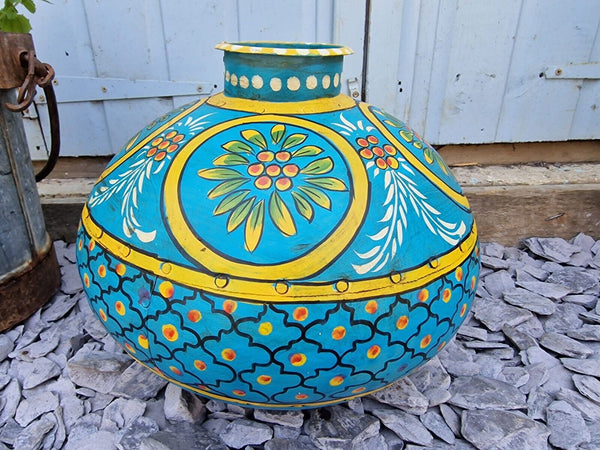 Vintage Large Indian Metal Hand Painted Riveted Water Bowl Pot Vase