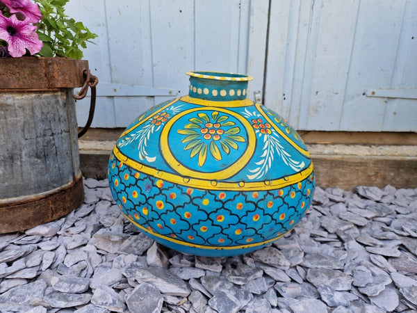 Vintage Large Indian Metal Hand Painted Riveted Water Bowl Pot Vase