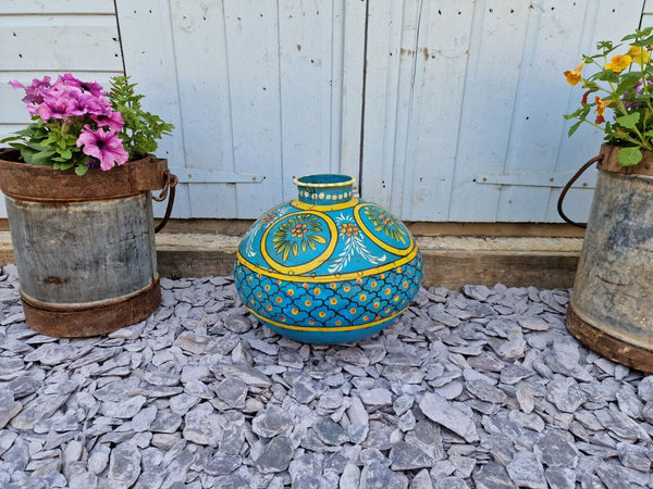 Vintage Large Indian Metal Hand Painted Riveted Water Bowl Pot Vase