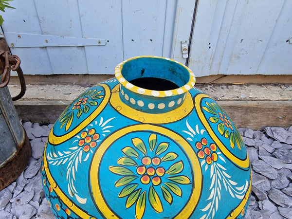 Vintage Large Indian Metal Hand Painted Riveted Water Bowl Pot Vase