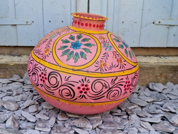 Vintage Large Indian Metal Hand Painted Riveted Water Bowl Pot Vase