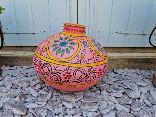 Vintage Large Indian Metal Hand Painted Riveted Water Bowl Pot Vase