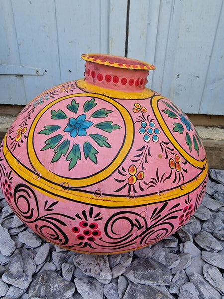 Vintage Large Indian Metal Hand Painted Riveted Water Bowl Pot Vase