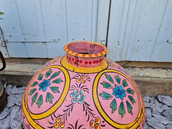 Vintage Large Indian Metal Hand Painted Riveted Water Bowl Pot Vase