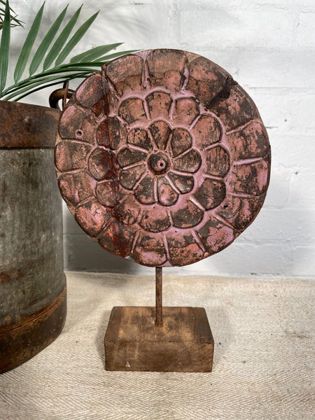 Vintage Rustic Hand Carved Architectural Wooden Flower Sculpture Mounted On Stand