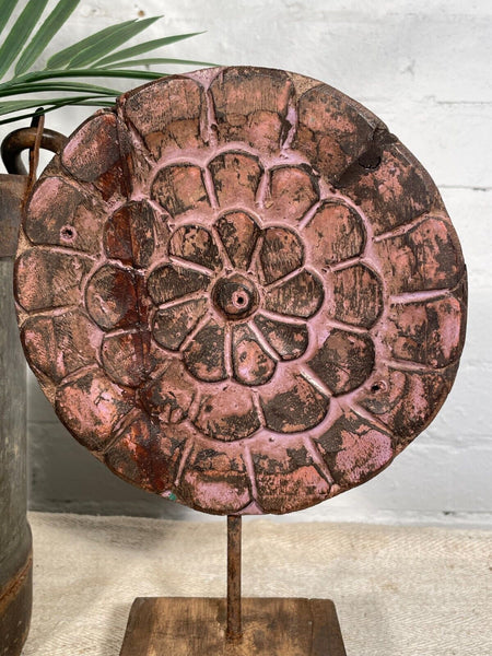 Vintage Rustic Hand Carved Architectural Wooden Flower Sculpture Mounted On Stand