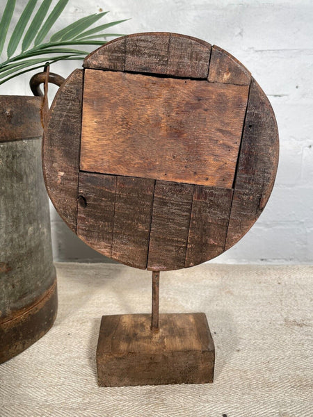 Vintage Rustic Hand Carved Architectural Wooden Flower Sculpture Mounted On Stand