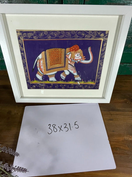 Antique Vintage Indian Silk Fabric Hand Painted Elephant Painting