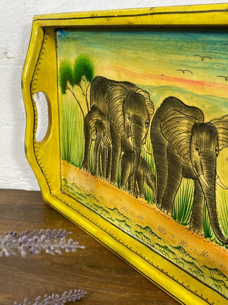 Vintage Original Kashmiri Hand Painted Elephant Papier Mache Tray