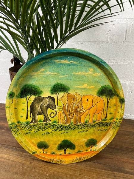 Vintage Original Kashmiri Hand Painted Elephant Papier Mache Tray
