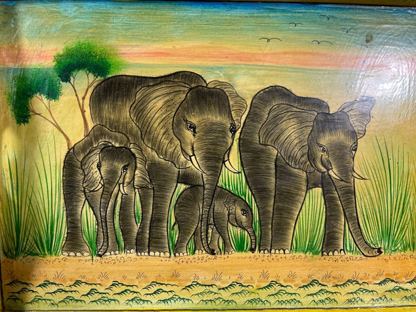 Vintage Original Kashmiri Hand Painted Elephant Papier Mache Tray