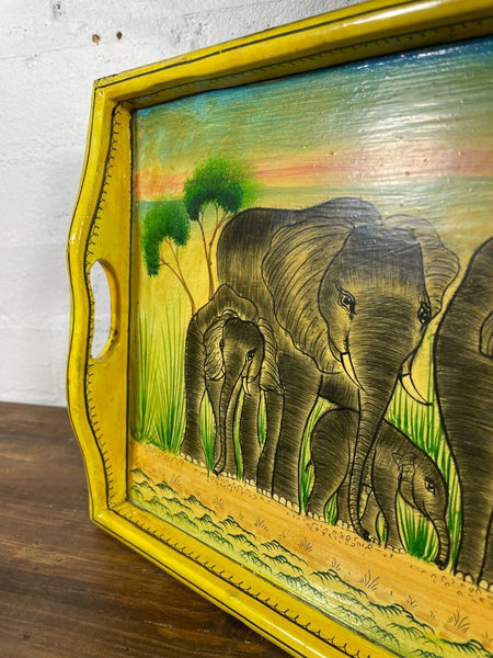 Vintage Original Kashmiri Hand Painted Elephant Papier Mache Tray