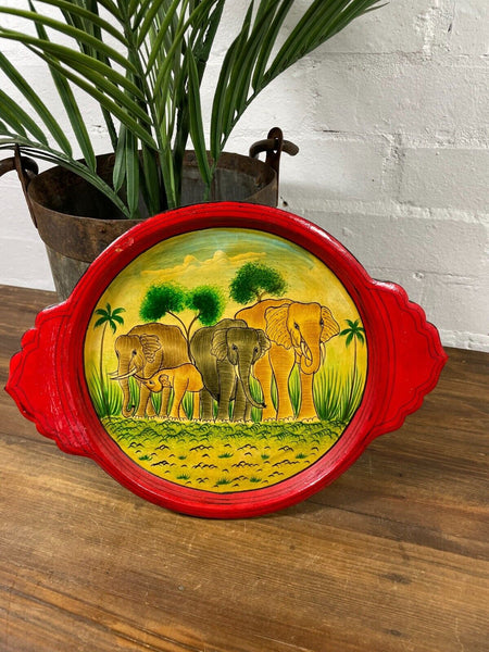 Vintage Original Kashmiri Hand Painted Elephant Papier Mache Tray