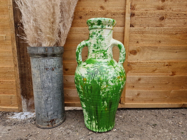 Large Rustic Green Painted Glazed Mediterranean Terracotta Garden Urn Amphora