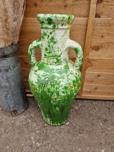 Large Rustic Green Painted Glazed Mediterranean Terracotta Garden Urn Amphora