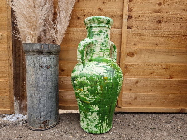 Large Rustic Green Painted Glazed Mediterranean Terracotta Garden Urn Amphora