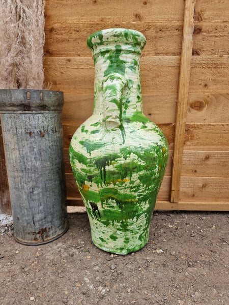 Large Rustic Green Painted Glazed Mediterranean Terracotta Garden Urn Amphora