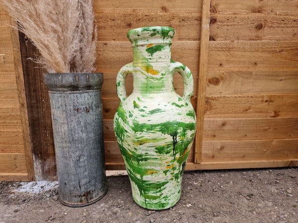 Large Rustic Green Painted Glazed Mediterranean Terracotta Garden Urn Amphora