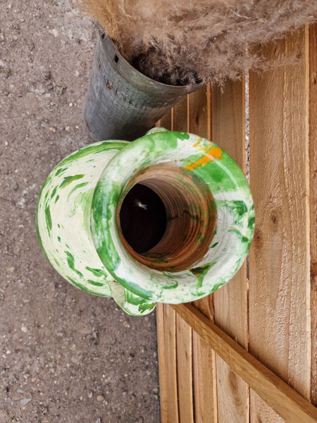 Large Rustic Green Painted Glazed Mediterranean Terracotta Garden Urn Amphora