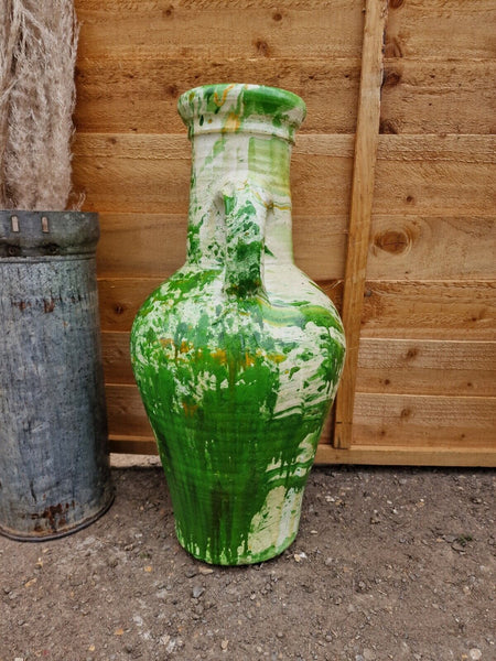 Large Rustic Green Painted Glazed Mediterranean Terracotta Garden Urn Amphora