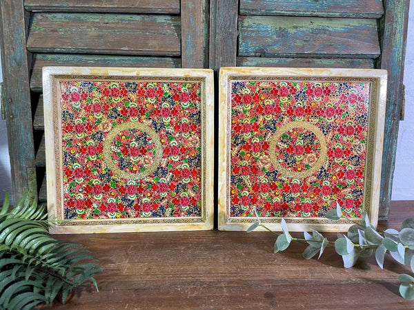 Vintage Original Kashmiri Hand Painted Floral Papier Mache Tray