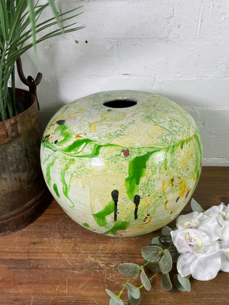 Hand Made Painted Mediterranean Terracotta Moon Ball Sphere Dry Flower Vase