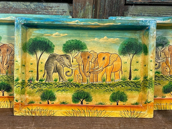 Vintage Original Kashmiri Hand Painted Elephant Papier Mache Tray