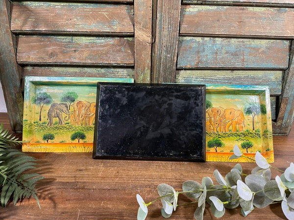 Vintage Original Kashmiri Hand Painted Elephant Papier Mache Tray