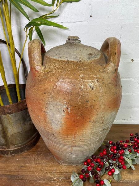 Large Antique Rustic French Earthenware Salt Glazed Stoneware Pitcher Flagon