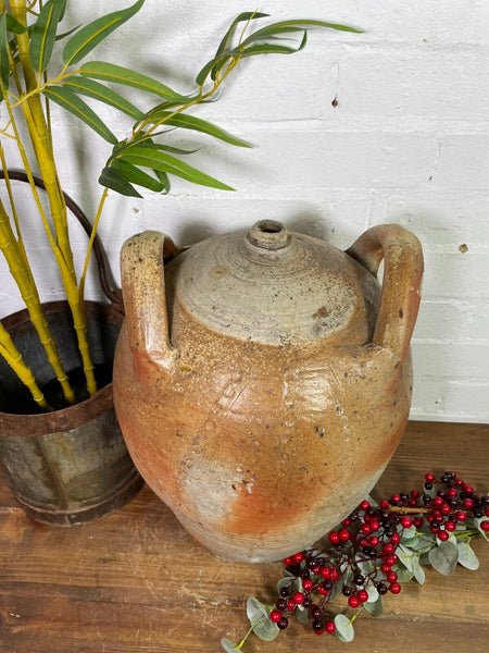 Large Antique Rustic French Earthenware Salt Glazed Stoneware Pitcher Flagon