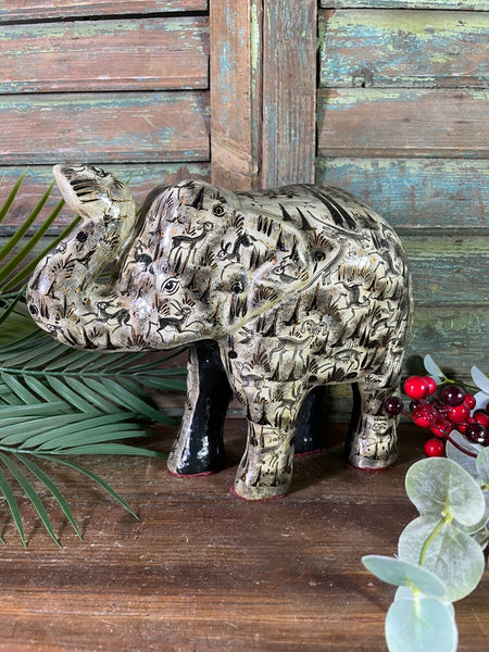 Vintage 8" Indian Kashmir Paper Mache Hand Painted Elephant Statue Ornament