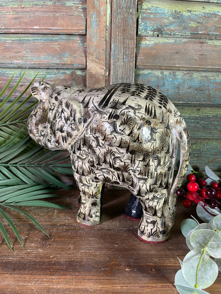 Vintage 8" Indian Kashmir Paper Mache Hand Painted Elephant Statue Ornament