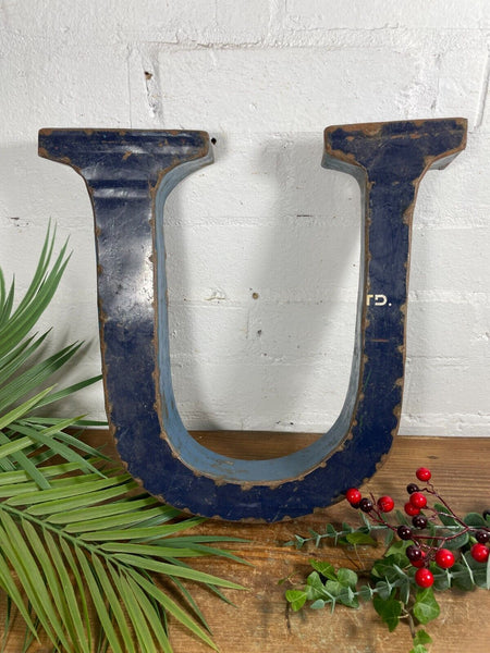 Letter U Vintage Reclaimed Tin Metal Oil Drum Letters