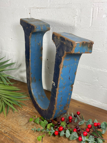 Letter U Vintage Reclaimed Tin Metal Oil Drum Letters