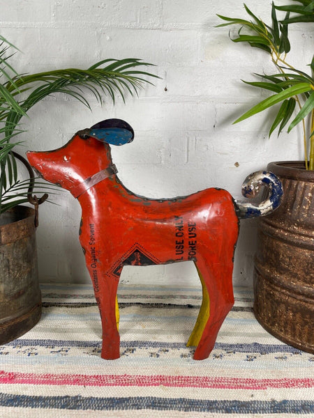Hand Made Reclaimed Recycled Metal Oil Drum Paint Tin Dog Sculpture Garden