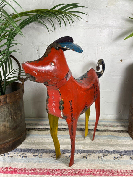 Hand Made Reclaimed Recycled Metal Oil Drum Paint Tin Dog Sculpture Garden