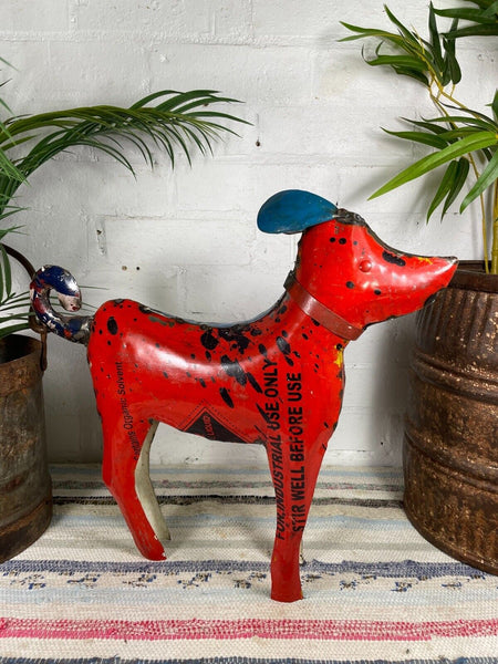 Hand Made Reclaimed Recycled Metal Oil Drum Paint Tin Dog Sculpture Garden